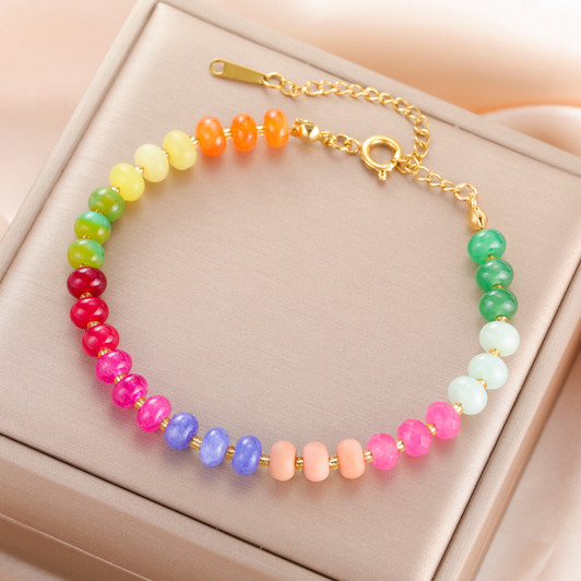 Multicolour Stone Bead Bracelet – Gold-Tone Clasp, 17–22 cm