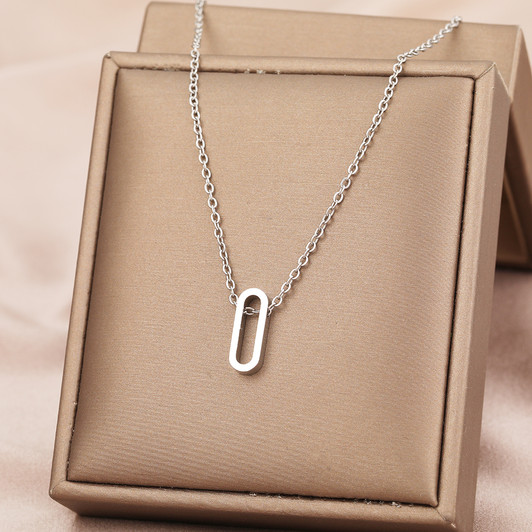 Silver-Tone Rounded Rectangle Pendant Necklace – N7109, 45 cm