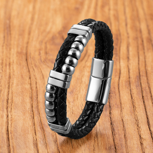 Black Braided Leather Bead-Detail Bracelet – SL636A, 21 cm – product view