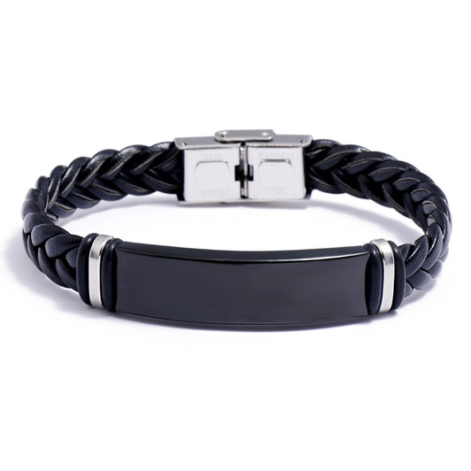 Black Braided Leather ID Bracelet – B0335, 21 cm – product view