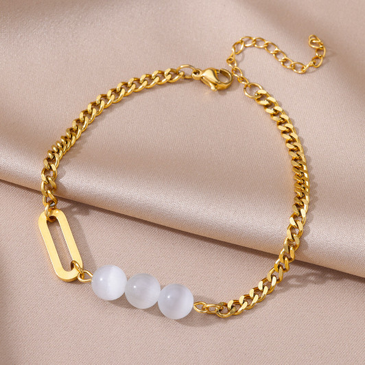 White Bead & Curb-Link Anklet – Gold-Tone Stainless Steel – product view