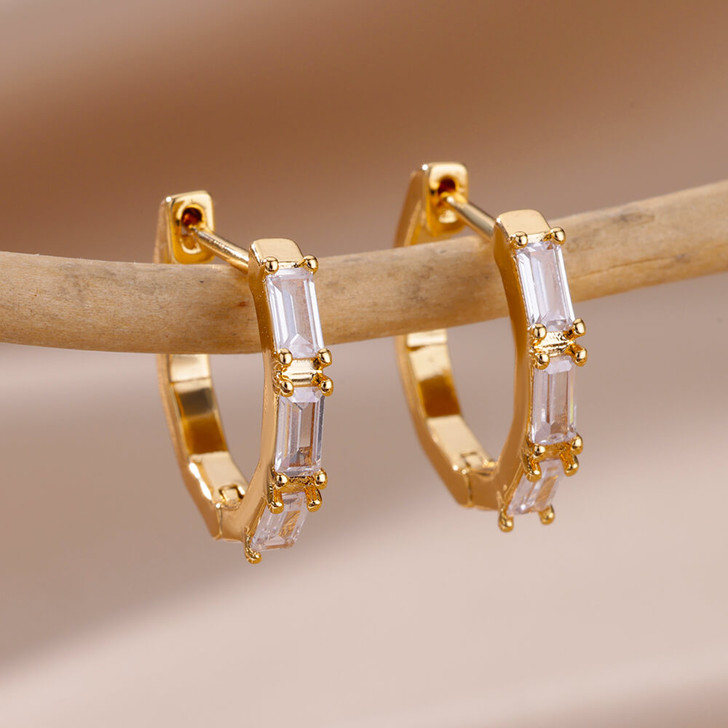 Gold-Tone Baguette-Accent Hoop Earrings – Stainless Steel
