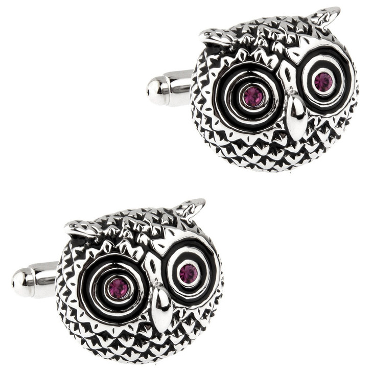 Silver-Tone Owl Cufflinks with Purple Eye Accents – Pair