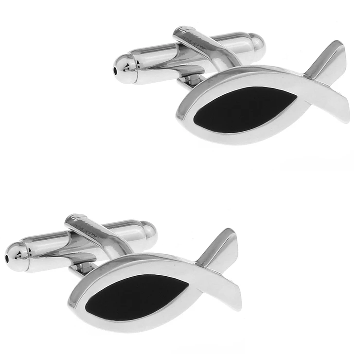 Silver-Tone Black-Inlay Fish Cufflinks – Pair
