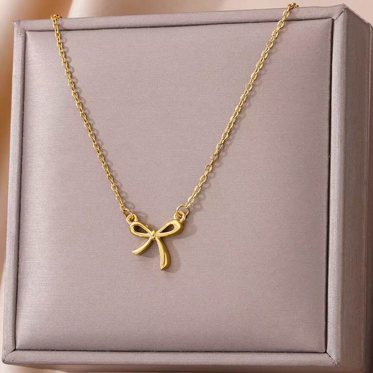 Gold-Tone Bow Pendant Necklace – Stainless Steel