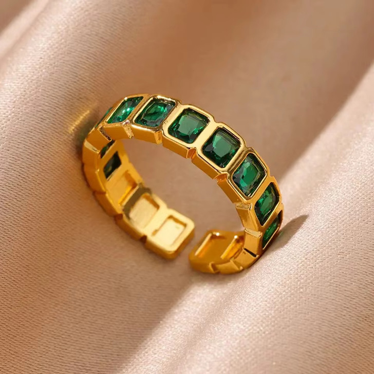 Gold-Tone Green Square-Link Open Ring