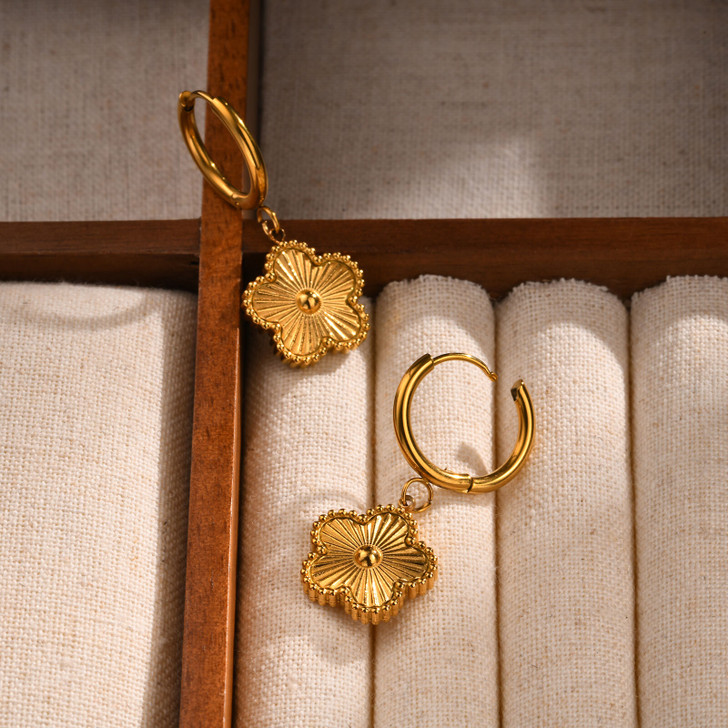 Gold-Tone Textured Flower Drop Earrings – Stainless Steel – detail view