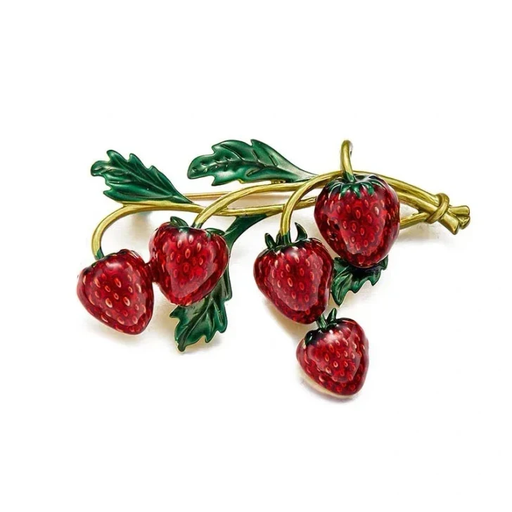 Red Strawberry Branch Brooch – Gold-Tone