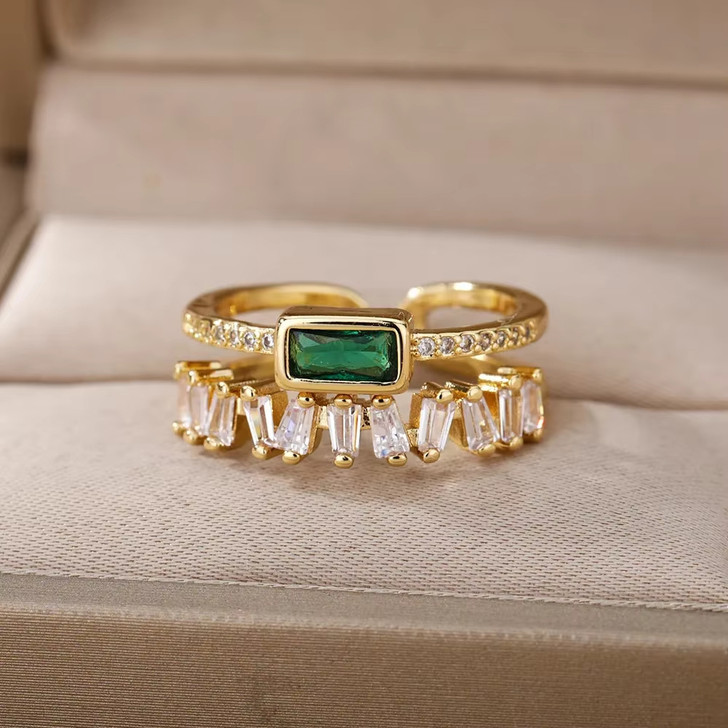 Gold-Tone Green Baguette Double-Row Open Ring