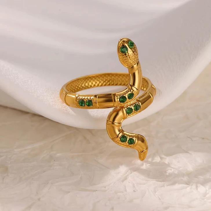 Gold-Tone Green-Accent Snake Open Ring