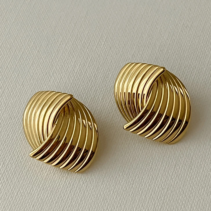 Gold-Tone Ribbed Fan Stud Earrings – Stainless Steel