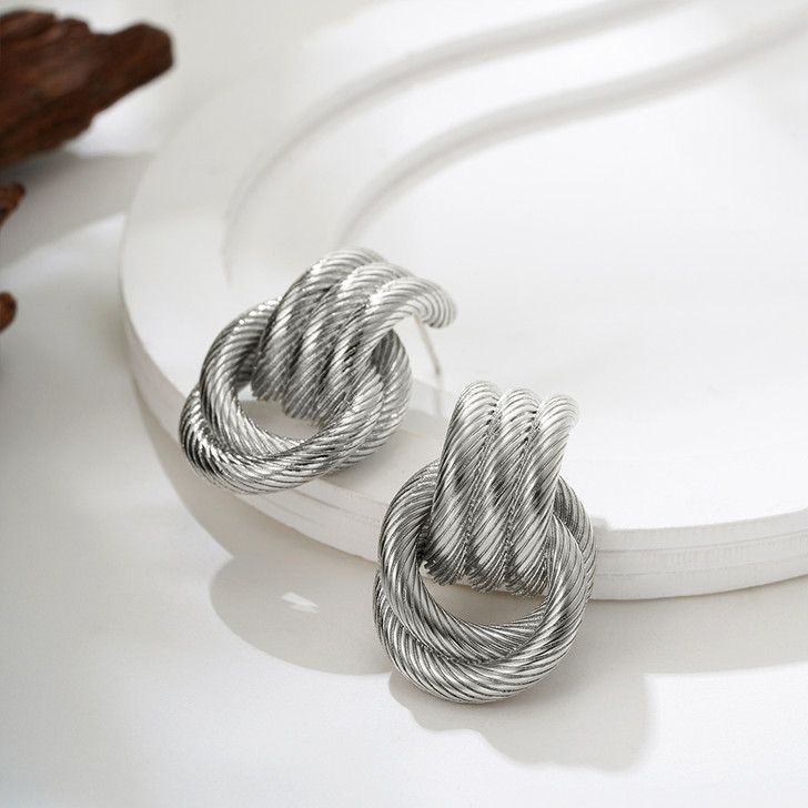 Silver-Tone Textured Knot Stud Earrings – Stainless Steel