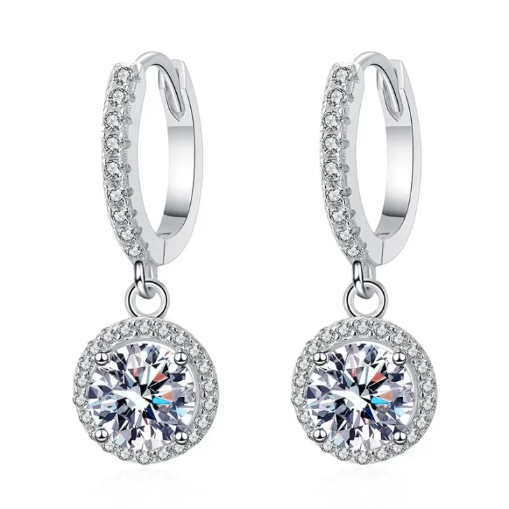 Round Moissanite Drop Earrings – 925 Sterling Silver