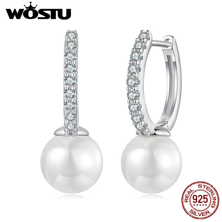 Pearl & Moissanite Drop Hoop Earrings – Sterling Silver – view 2