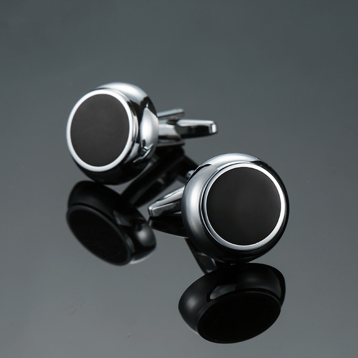 Round Black Enamel Cufflinks – Silver Tone, 19 mm