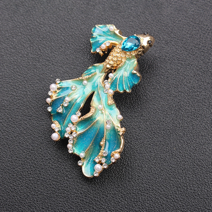 Teal Enamel Goldfish Brooch