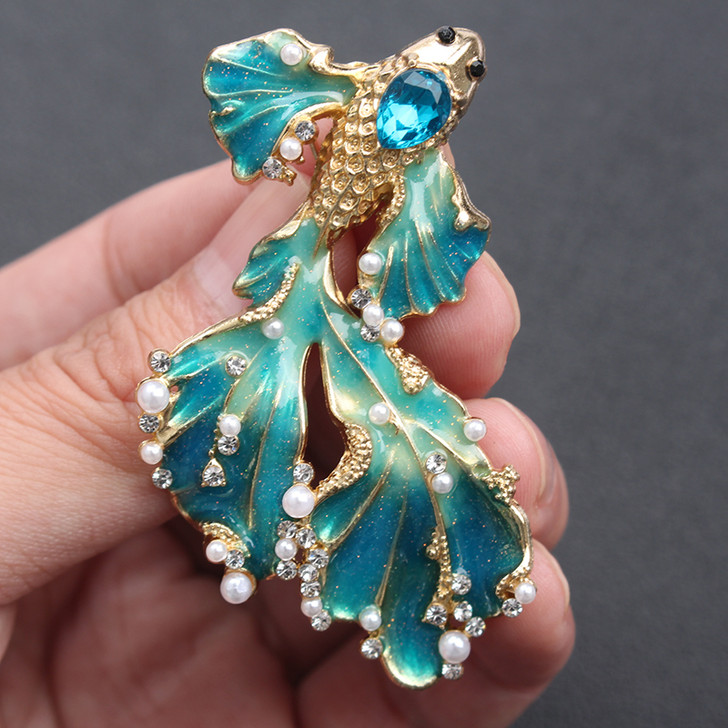 Teal Enamel Goldfish Brooch