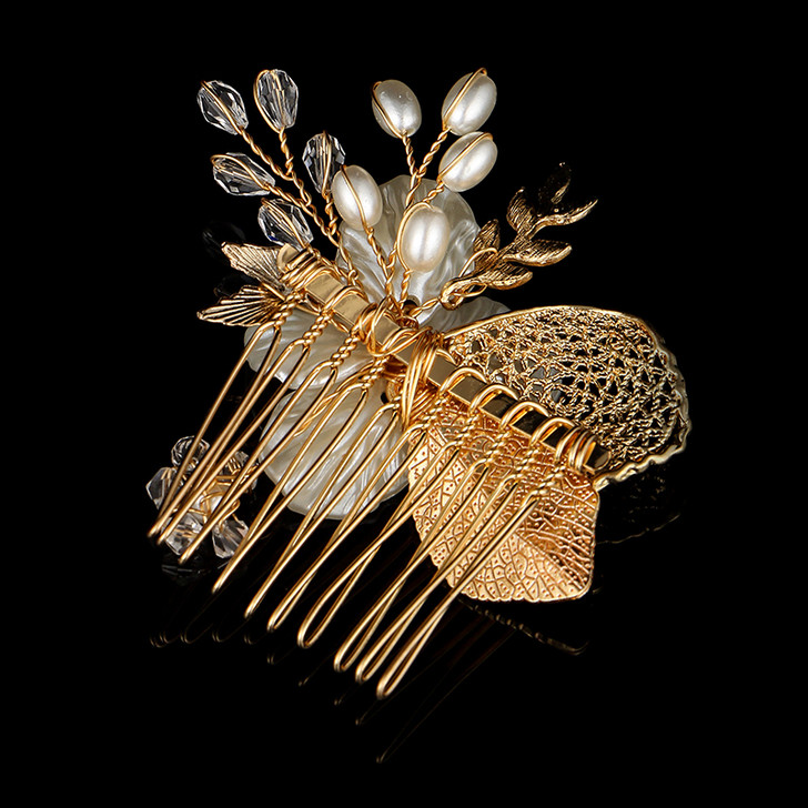 White Flower and Gold Leaf Bridal Hair Comb
