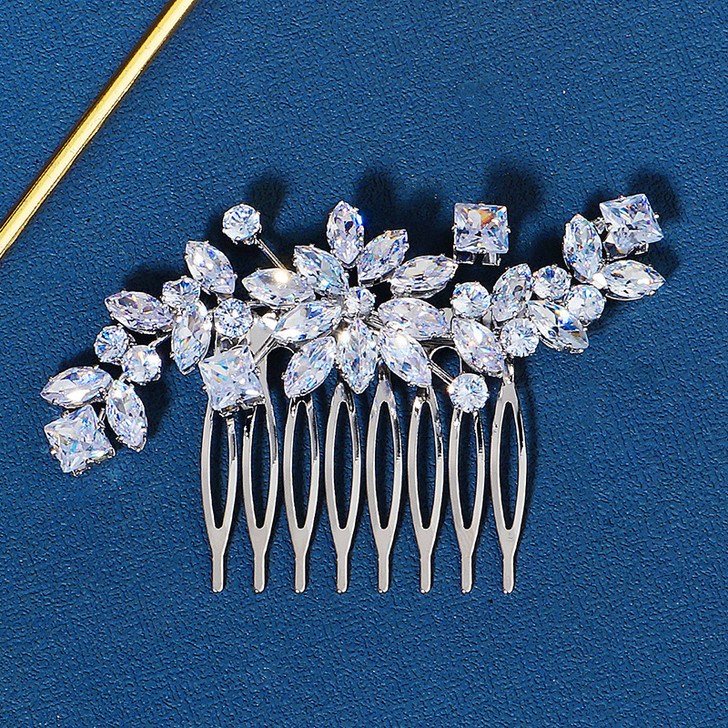 Silver Flower and Square Crystal Bridal Hair Comb