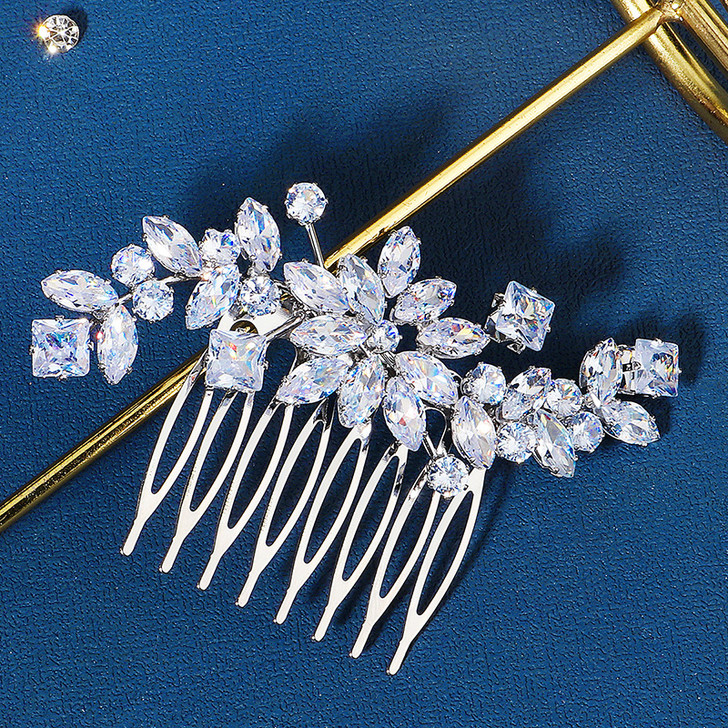 Silver Flower and Square Crystal Bridal Hair Comb