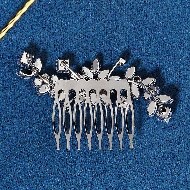 Silver Flower and Square Crystal Bridal Hair Comb