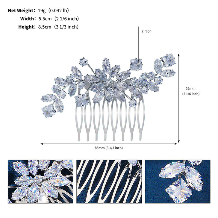 Silver Flower and Square Crystal Bridal Hair Comb