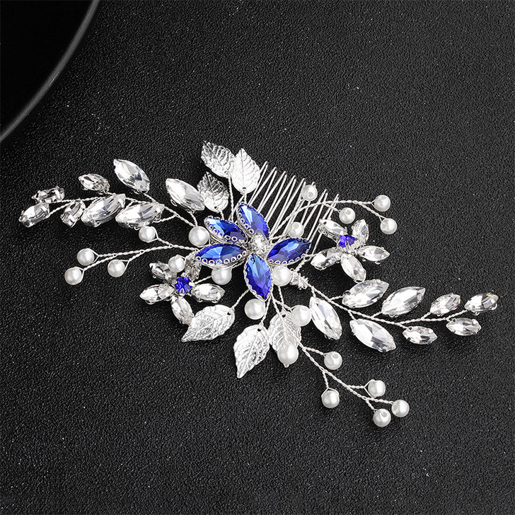 Blue Crystal Flower and Silver Leaf Hair Comb