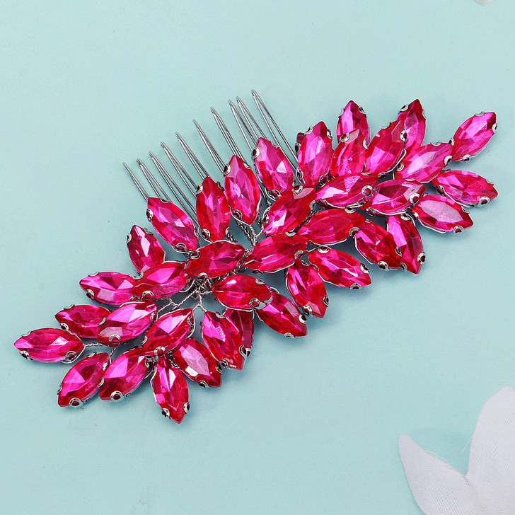 Fuchsia Crystal Leaf Occasion Hair Comb