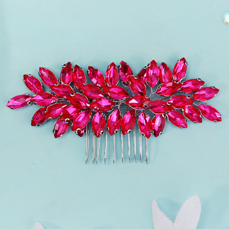 Fuchsia Crystal Leaf Occasion Hair Comb