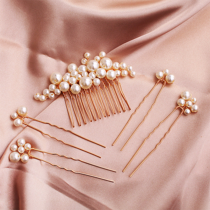 Five Piece Faux Pearl Bridal Comb and Hairpin Set