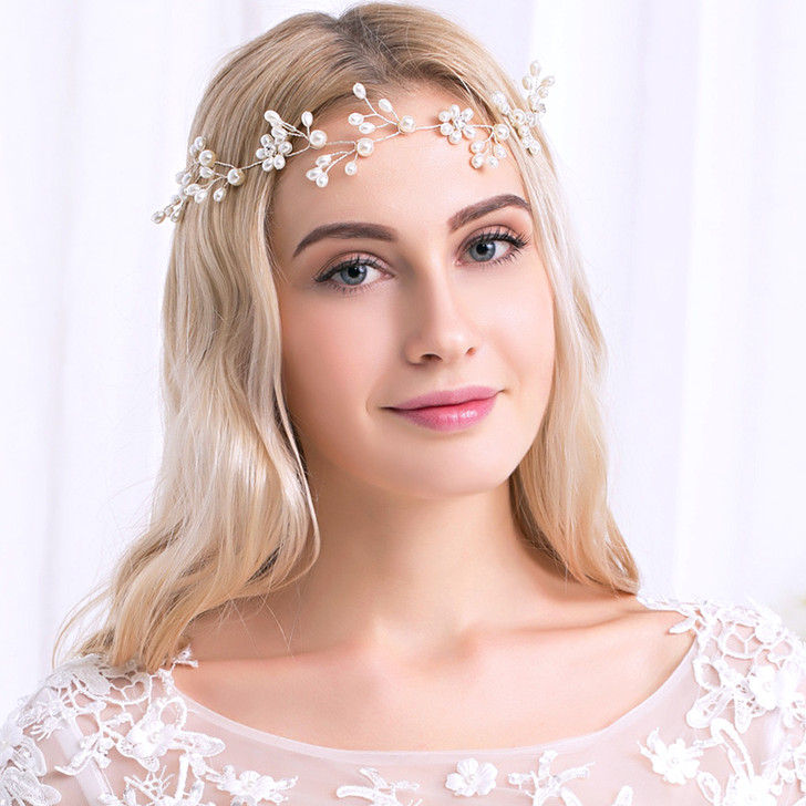 Silver Faux Pearl Flower Bridal Hair Vine