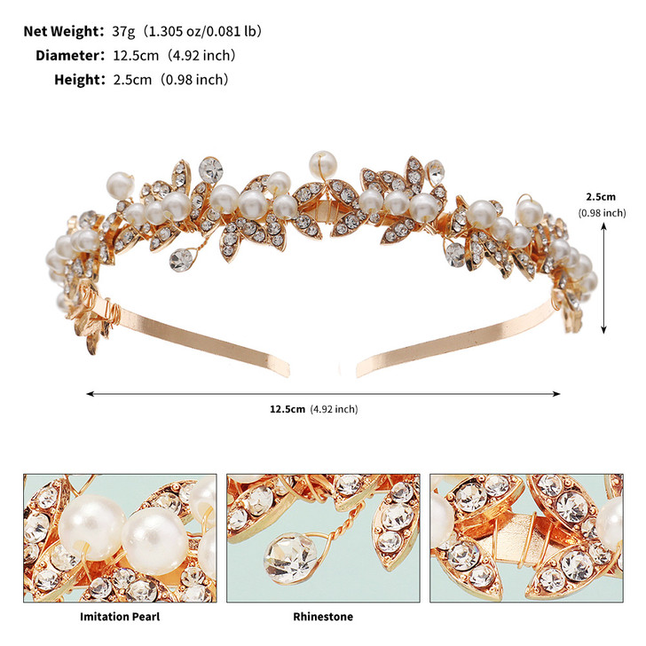 Gold Faux Pearl and Crystal Leaf Bridal Headband