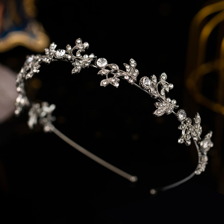 Silver Crystal Leaf Vine Bridal Headband