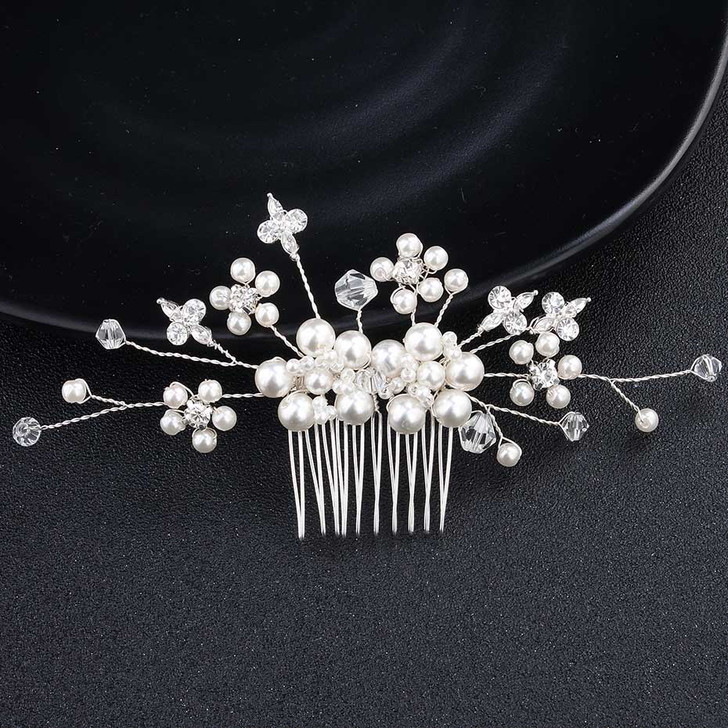 Silver Faux Pearl Flower Spray Bridal Hair Comb