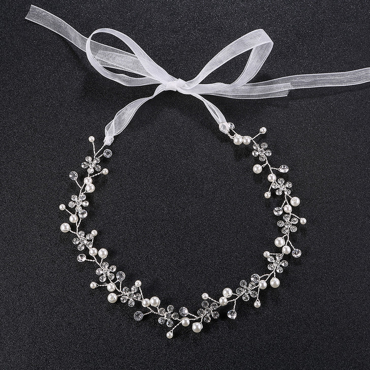 Delicate Silver Faux Pearl Flower Ribbon Hair Vine