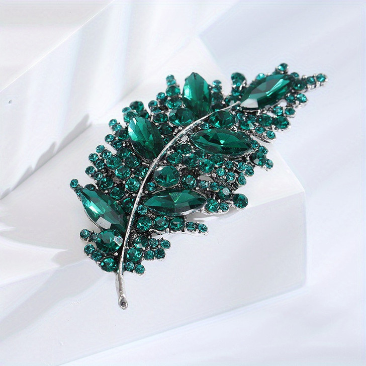 Green Rhinestone Feather Brooch