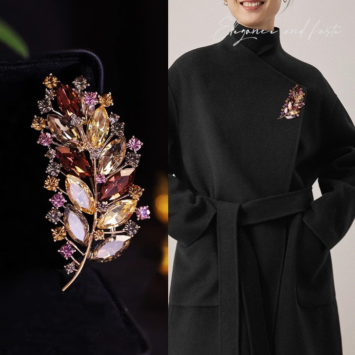 Burgundy and Champagne Crystal Leaf Brooch