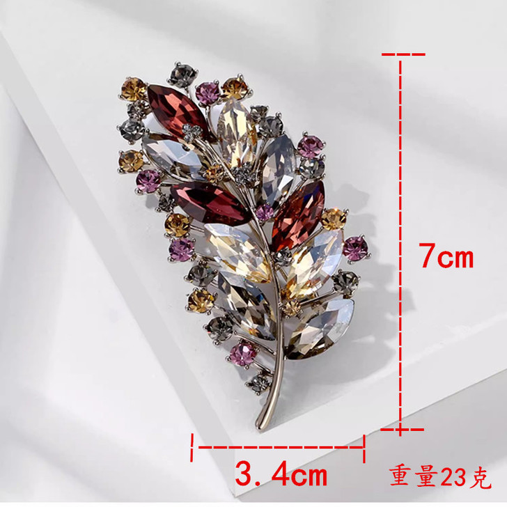 Burgundy and Champagne Crystal Leaf Brooch