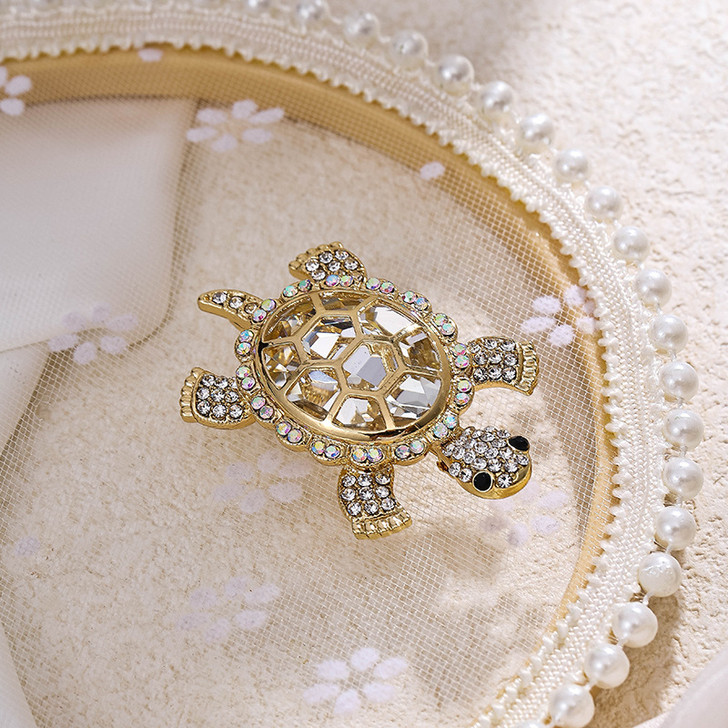 Clear Crystal Cage-Shell Turtle Brooch