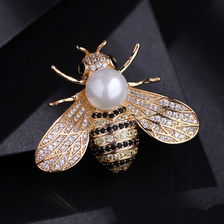 Gold-Tone Bee Brooch with White Pearl-Effect Detail