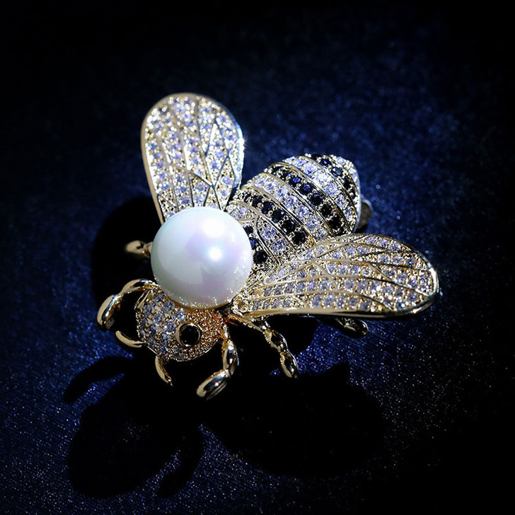 Gold-Tone Bee Brooch with White Pearl-Effect Detail