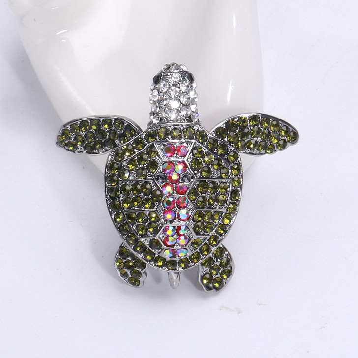 Olive and Pink Crystal Turtle Brooch