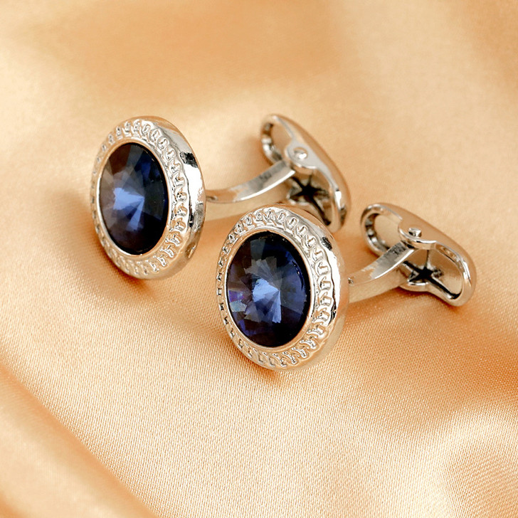 Gold-Tone Blue Crystal Round Cufflinks (2)