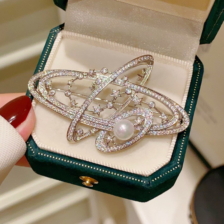 Silver-Tone Crystal Orbit Brooch
