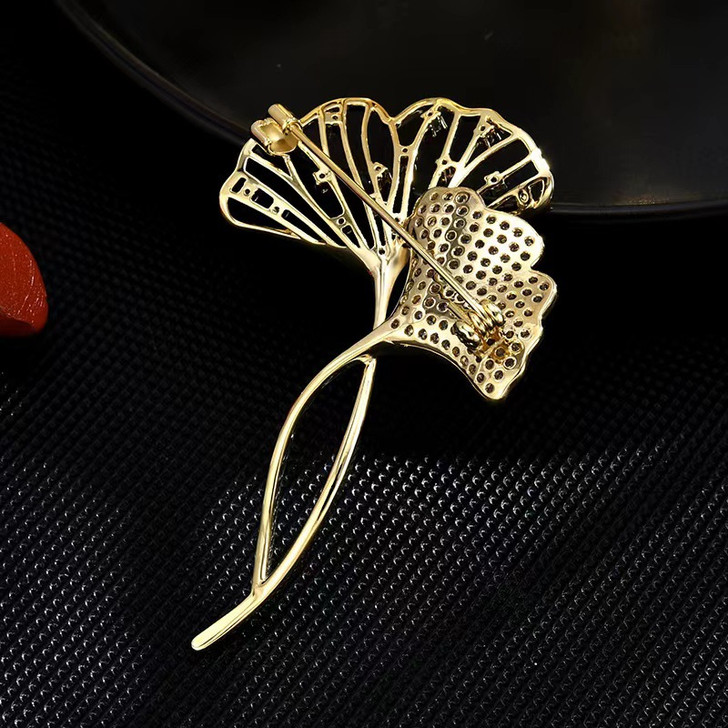 Gold-Tone Crystal Ginkgo Leaf Brooch (2)