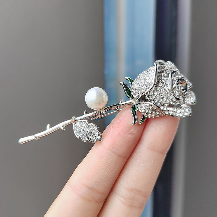 Silver-Tone Crystal Rose Stem Brooch (3)