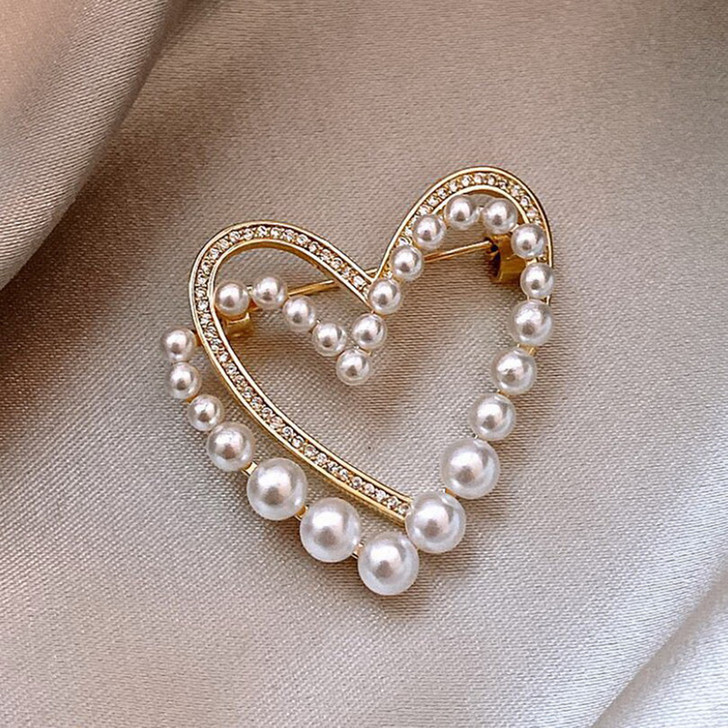 Pearl-Effect Double Heart Brooch