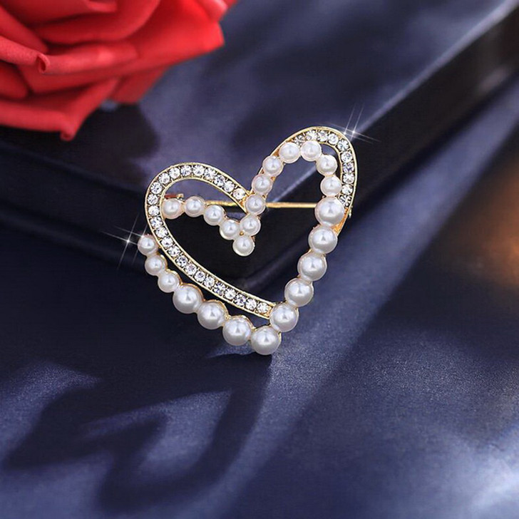Pearl-Effect Double Heart Brooch (2)