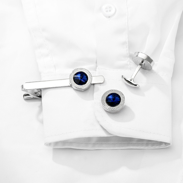 Blue Crystal Cufflinks and Tie Clip Set (3)