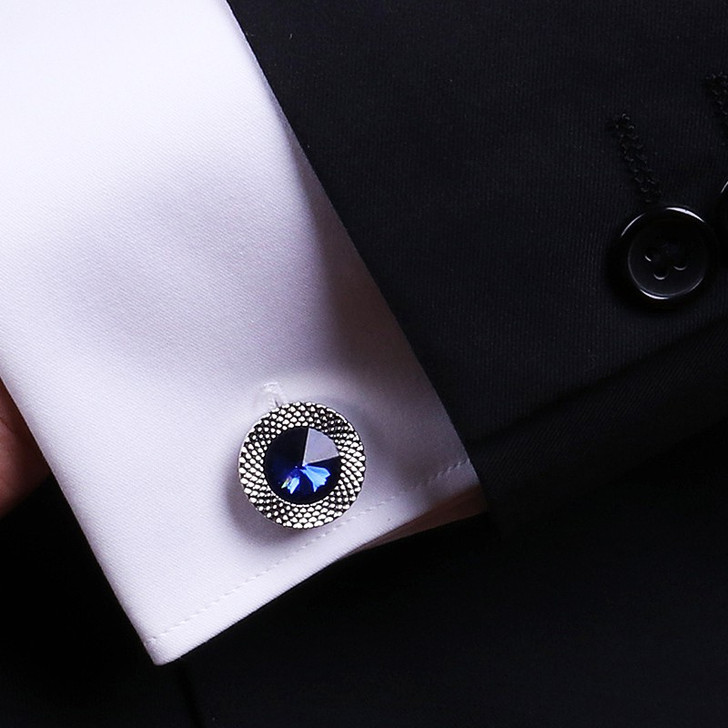 Silver-Tone Blue Crystal Round Cufflinks (2)